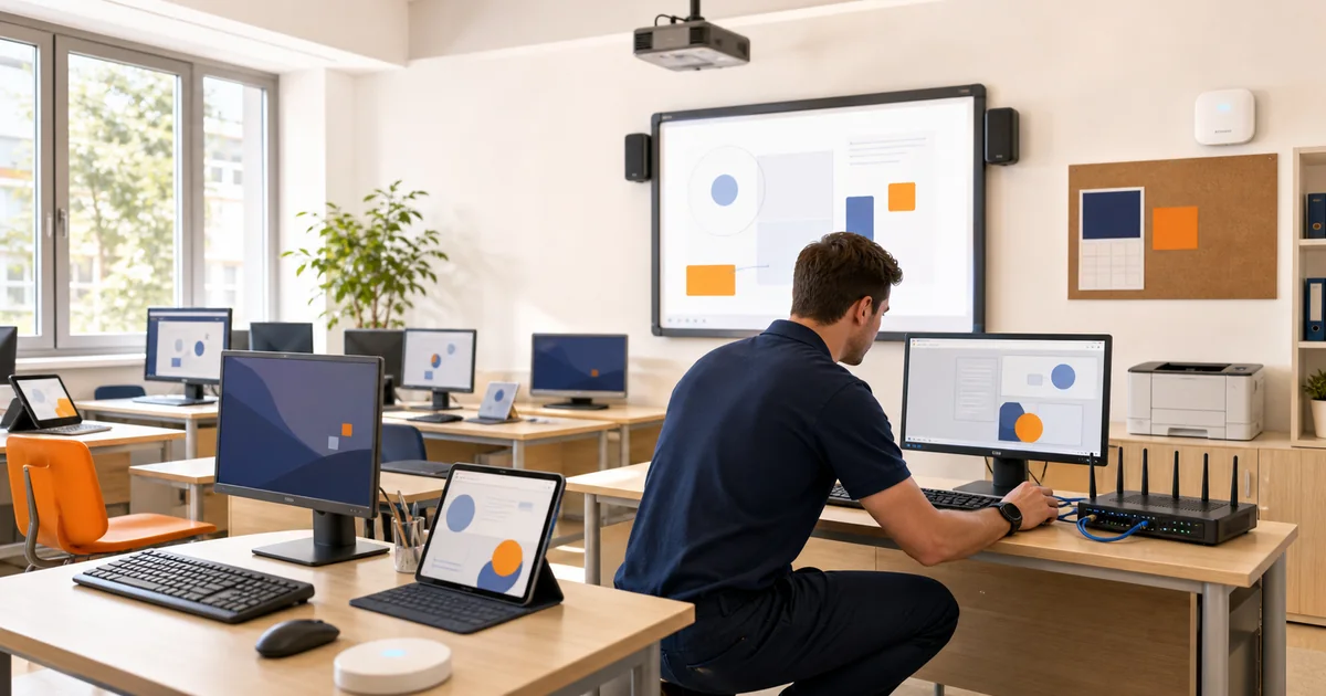 Ilustración de un técnico revisando ordenadores, red WiFi y pantalla interactiva en un aula informática