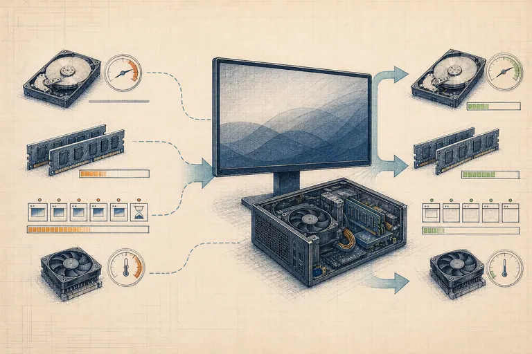 Ilustración de un diagnóstico de rendimiento con almacenamiento, memoria, programas de inicio y refrigeración.