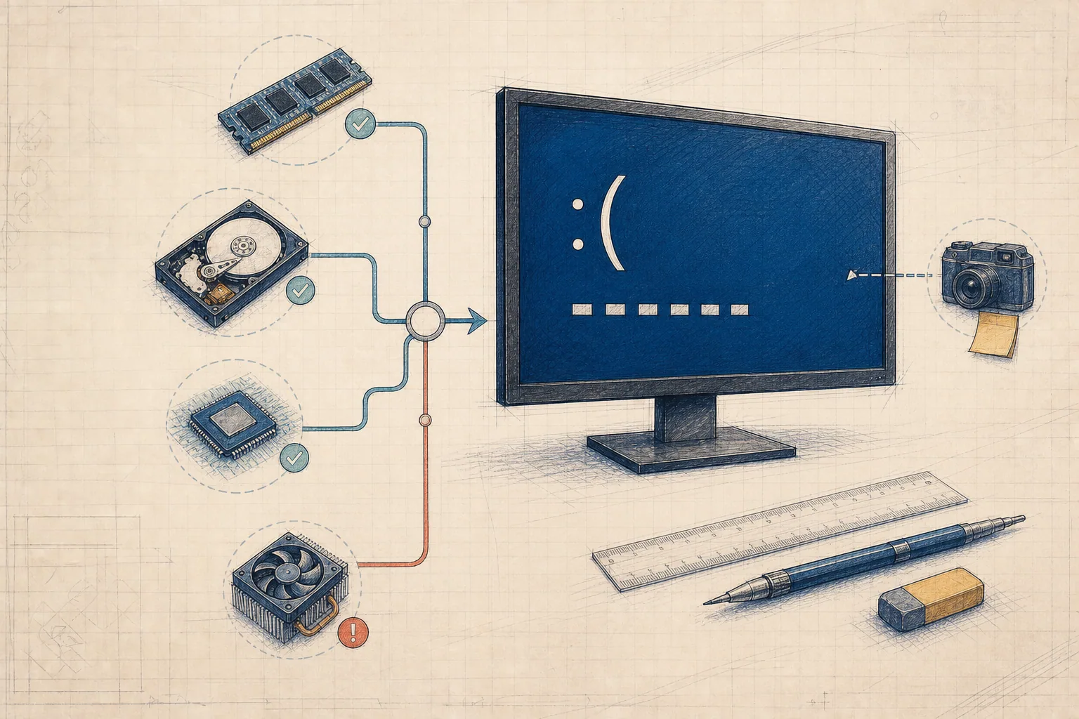 Ilustración de una pantalla azul y las comprobaciones de memoria, almacenamiento, controladores y temperatura.