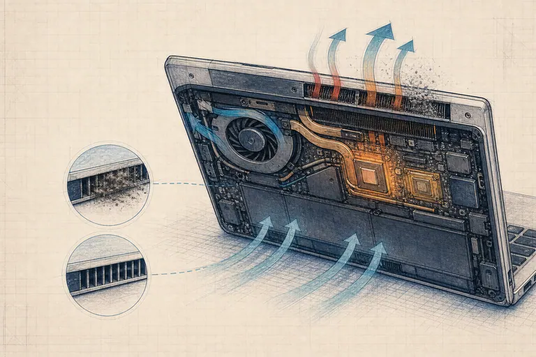 Ilustración del sistema de refrigeración de un portátil con ventilador, heatpipes, flujo de aire y rejilla obstruida por polvo.