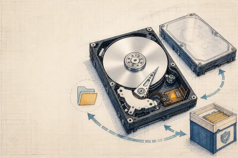 Ilustración técnica de un disco duro averiado, una unidad de clonación y un archivo protegido para recuperar datos.
